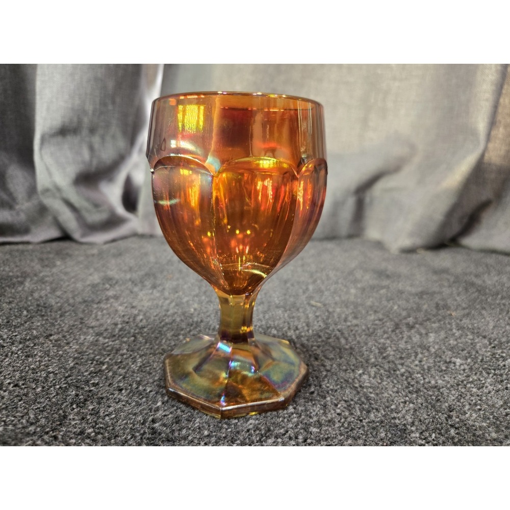 Antique Carnival Glass Goblet Marigold Iridescent Octagonal Base Imperial Style